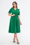 Çimen Yeşili Midi Kruvaze Yaka Büzgülü Kısa Kol Kolları Lastikli Kuşaklı Abiye Elbise