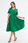 Çimen Yeşili Midi Kruvaze Yaka Büzgülü Kısa Kol Kolları Lastikli Kuşaklı Abiye Elbise