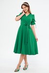 Çimen Yeşili Midi Kruvaze Yaka Büzgülü Kısa Kol Kolları Lastikli Kuşaklı Abiye Elbise