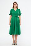 Çimen Yeşili Midi Kruvaze Yaka Büzgülü Kısa Kol Kolları Lastikli Kuşaklı Abiye Elbise