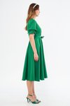 Çimen Yeşili Midi Kruvaze Yaka Büzgülü Kısa Kol Kolları Lastikli Kuşaklı Abiye Elbise