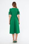 Çimen Yeşili Midi Kruvaze Yaka Büzgülü Kısa Kol Kolları Lastikli Kuşaklı Abiye Elbise