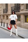 Ekru Bisiklet Yaka Kısa Kollu Oversize Crop Tshirt