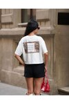 Ekru Bisiklet Yaka Kısa Kollu Oversize Crop Tshirt