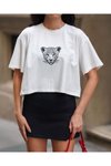Ekru Bisiklet Yaka Kısa Kollu Oversize Crop Tshirt