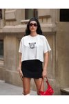 Ekru Bisiklet Yaka Kısa Kollu Oversize Crop Tshirt