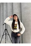 Ekru Kapüşonlu Peluş Ayı Nakışlı Crop Sweatshirt