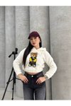 Ekru Kapüşonlu Peluş Ayı Nakışlı Crop Sweatshirt
