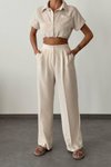 Ekru Keten Crop Gömlek Palazzon Pantolon İkili Takım