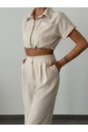 Ekru Keten Crop Gömlek Palazzon Pantolon İkili Takım