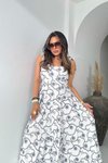 Ekru Mavi Uzun Çapa Desen İşlemeli Bağçık Askılı Elbise
