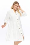 Ekru Midi Büyük Beden V Yaka Düğmeli Elbise