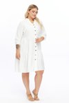 Ekru Midi Büyük Beden V Yaka Düğmeli Elbise