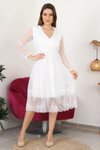 Ekru Midi Kruvaze Yaka Eteği Güpür Detaylı Elbise