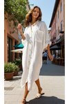 Ekru Oversize Yarasa Kol E Uygun Gömlek Elbise Keten Karışımlı Beyaz Tunik