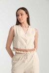Ekru Püsküllü Yelek Alt Üst İkili Takım