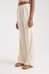 Ekru Yan Etnik Desenli Oversize Keten Pantolon