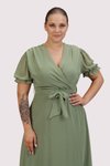 Fıstık Yeşili Midi Kruvaze Yaka Kuşaklı Büyük Beden Şifon Elbise