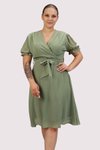 Fıstık Yeşili Midi Kruvaze Yaka Kuşaklı Büyük Beden Şifon Elbise
