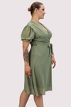 Fıstık Yeşili Midi Kruvaze Yaka Kuşaklı Büyük Beden Şifon Elbise