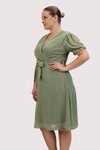 Fıstık Yeşili Midi Kruvaze Yaka Kuşaklı Büyük Beden Şifon Elbise