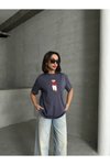Füme Ayıcık Nakışlı Oversize Tshirt