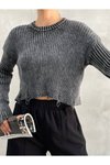 Füme Yırtıklı Triko Crop Kazak