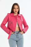 Fuşya Kemerli Deri Slim Fit Ceket