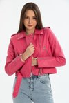 Fuşya Kemerli Deri Slim Fit Ceket