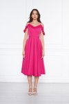Fuşya Midi Ayarlanabilir Askılı Yaka Fırfır Detay Dokuma Kumaş Pileli Kloş Abiye Elbise