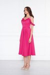 Fuşya Midi Ayarlanabilir Askılı Yaka Fırfır Detay Dokuma Kumaş Pileli Kloş Abiye Elbise