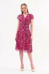Fuşya Midi Desenli Kruvaze Yaka Şifon Elbise