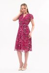 Fuşya Midi Desenli Kruvaze Yaka Şifon Elbise