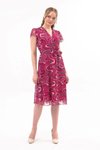 Fuşya Midi Desenli Kruvaze Yaka Şifon Elbise