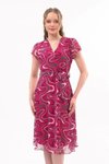 Fuşya Midi Desenli Kruvaze Yaka Şifon Elbise