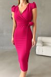Fuchsia Midi Imported Fabric Short Sleeve Belted Side Slit Dress