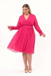 Fuşya Midi Kruvaze Yaka Kuşaklı Büyük Beden Uzun Kol Şifon Elbise
