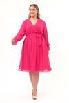 Fuşya Midi Kruvaze Yaka Kuşaklı Büyük Beden Uzun Kol Şifon Elbise