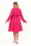 Fuşya Midi Kruvaze Yaka Kuşaklı Büyük Beden Uzun Kol Şifon Elbise