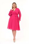 Fuşya Midi Kruvaze Yaka Kuşaklı Büyük Beden Uzun Kol Şifon Elbise