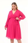 Fuşya Midi Kruvaze Yaka Kuşaklı Büyük Beden Uzun Kol Şifon Elbise