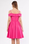 Fuşya Mini Askılı Kayık Yaka Detay Pileli Kloş Abiye Elbise