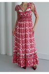 Fuşya Uzun Askılı Etnik Desen Yazlık Elbise