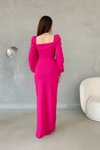 Fuşya Uzun Prenses Kol Yırtmaç Detay Kalp Yaka İthal Krep Kumaş Abiye Elbise
