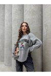 Gri Ayıcık Baskılı Triko Oversize Kazak