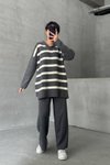 Gray Striped V-Neck Knit Top and Bottom Set