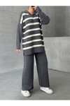 Gri Çizgili V Yaka Triko Alt Üst İkili Takım