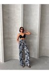 Gri Desenli Bol Paça Viskon Pantolon