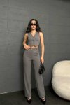 Gray Jacquard Vest Palazzo Pants Two-Piece Set