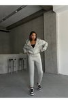 Gri Kapüşonlu Oversize Alt Üst Eşofman Takım